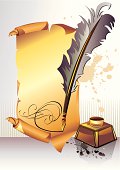 Scroll of old paper, quill & ink pot, vector artwork