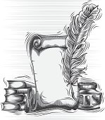 Old paper, books, inkpot & quill pen; layered vector artwork