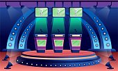 istock Quiz game stage interior design background. Competition with questions. Television trivia show vector illustration. Three stands with microphones in spotlight, screens with questions 1292374537