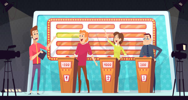 Quiz tv show. Smart competition with three players answered question entertainment tournament television game vector background Quiz tv show. Smart competition with three players answered question entertainment tournament television game vector background. Competition tv show, quiz contest player, smart playing illustration performance designs stock illustrations