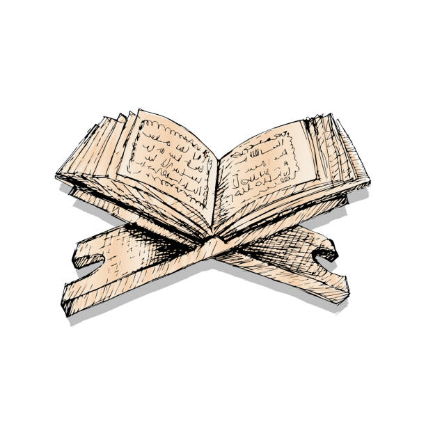 koran na drewnianym stojaku na książki. ilustracja rysunku ręcznego - salah stock illustrations