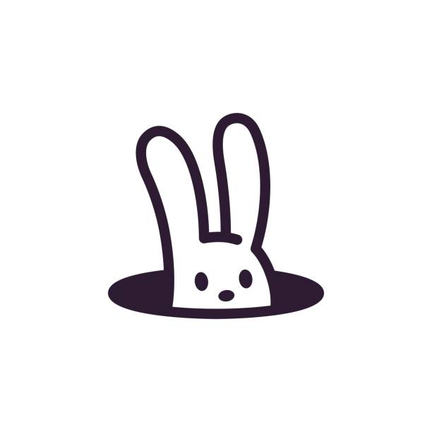 Rabbit in hole Simple, minimalistic rabbit hole logo. Cute cartoon bunny vector illustration. hole illustrations stock illustrations