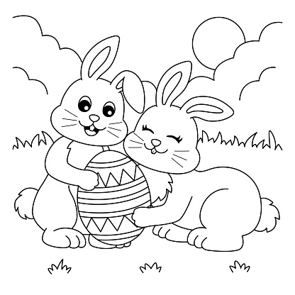 Rabbit With Friend Holding Easter Egg Coloring