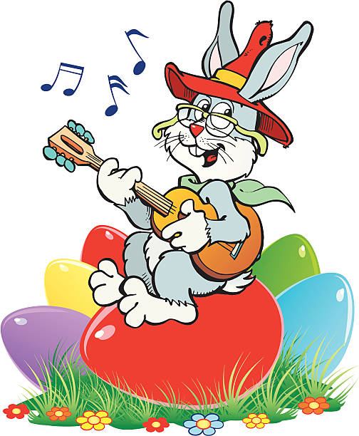 Rabbit with guitar and eggs  easter sunday stock illustrations
