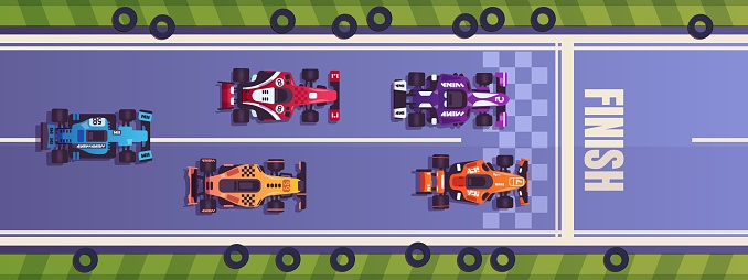 Race. Cartoon Formula One competition. Top view of racing cars driving on road. Bolides crossing finish line. Rally extreme championship of high-speed transport. Vector automobiles traffic