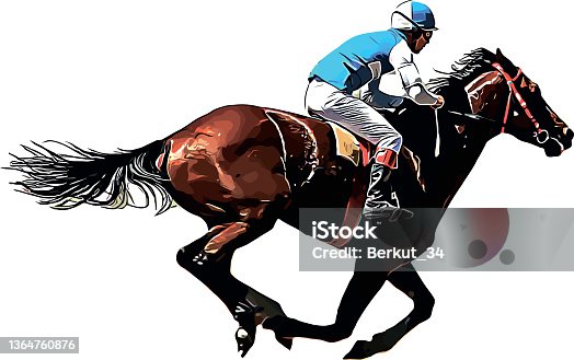 istock Racehorse with jockey at races. Isolated on a white background 1364760876