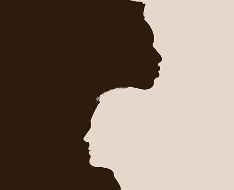 Racial equality anti-racism concept poster. Profile head silhouette of African American man intersecting into another Caucasian man. Diversity multiethnic people. Diverse culture society