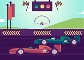 High-speed racing car track with vehicle and signaling equipment, flat cartoon vector illustration. Car automobile racing speed competition background.