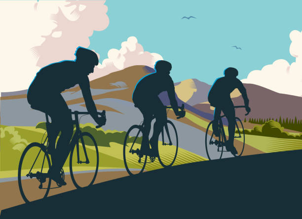 Racing Cyclists Racing Cyclists in retro cross hatch style countryside cycling silhouettes stock illustrations