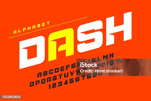 istock Racing display font design, dynamic alphabet, letters and numbers. 1332052825