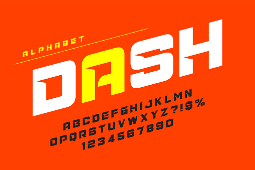 Racing display font design, dynamic alphabet, letters and numbers. Vector characters. 15 degree skew
