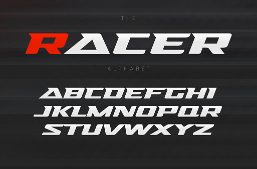 Racing font, aggressive and stylish lettering design. Dynamic letters, italic wide font with modern serifs, sports alphabet. Vector typography design