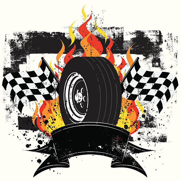 racing insignia A race car tire in front of flames and a checkered flags over a grunge background. There is a ribbon text banner for text in the front. hot wheels flames stock illustrations
