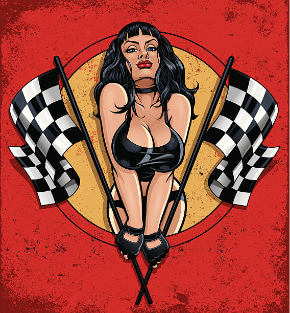 Racing Pinup Holding Two Checkered Flags Vector illustration of one smokin' hot pinup girl wearing a skimpy leather bikini. Pinup is popping out of a circle holding two checkered flags on a distressed background. pin up girl stock illustrations