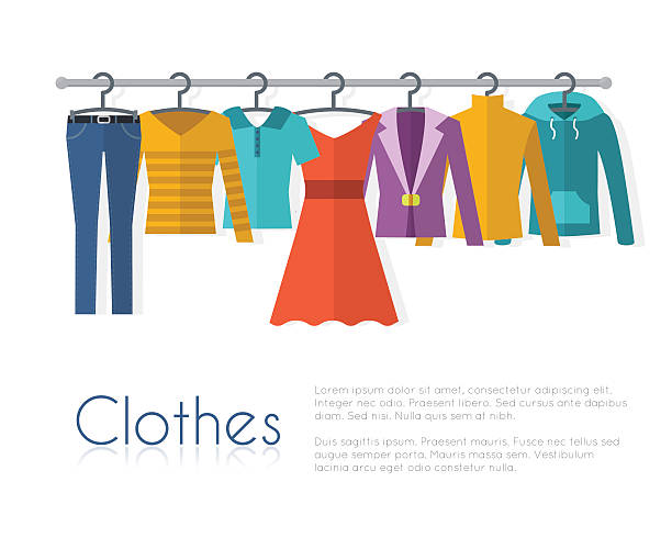 Racks with clothes on hangers. Racks with clothes on hangers. Flat style vector illustration. dress stock illustrations
