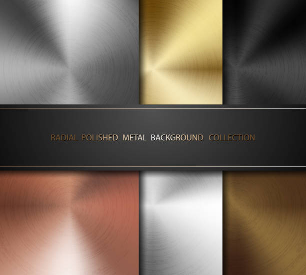 Radial polished texture metal background set. Vector technology background with circular brushed concentric scratch, silver, steel, aluminum, cast iron, gold, copper, bronze, brass color Radial polished texture metal background set. Vector technology background with circular brushed concentric scratch, silver, steel, aluminum, cast iron, gold, copper, bronze, brass color. copper texture stock illustrations