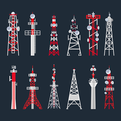 Radio tower set, media and information technology. Telecommunications and broadcasting, television station. Vector flat style cartoon illustration on black background