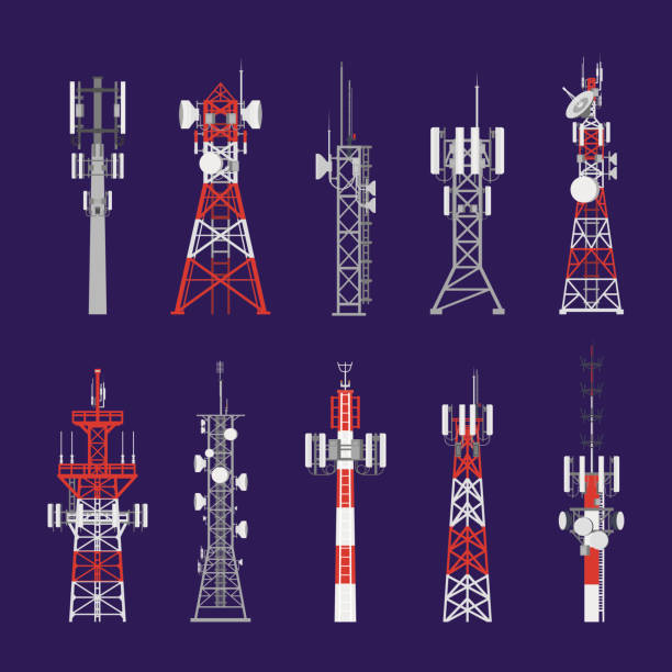 Radio towers, telecommunication antenna poles Radio masts and telecommunication towers and satellite signal antenna transmitters, vector icons. Different types of telecom transmitter towers, television and radio waves broadcasting antenna poles tower stock illustrations