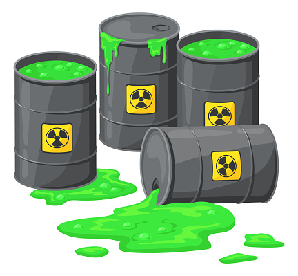 Radioactive waste barrels with spilling green poison liquid