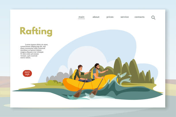 Rafting sitepage template. Tourists enjoy water tourism vector illustration Rafting sitepage template. Tourists enjoy water tourism vector illustration. Male friends, sportsmen swimming in river cartoon characters. Father and son sharing extreme hobby rapids river stock illustrations