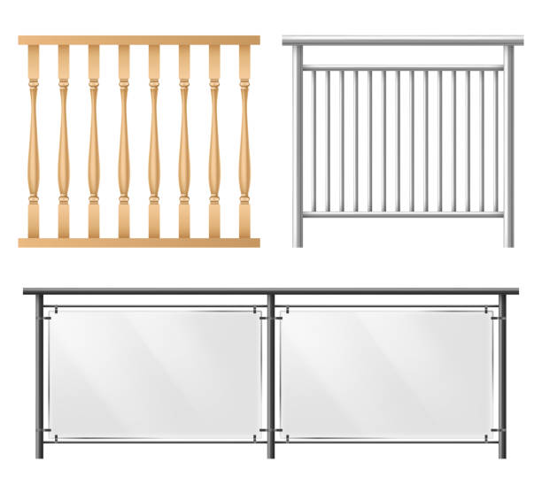 Railings, fence sections realistic vector set Wooden, metallic, glass railings, fence section for home stairways, house balcony, sidewalk fencing 3d realistic vector set isolated on white background. Room, public place interior design elements bannister stock illustrations