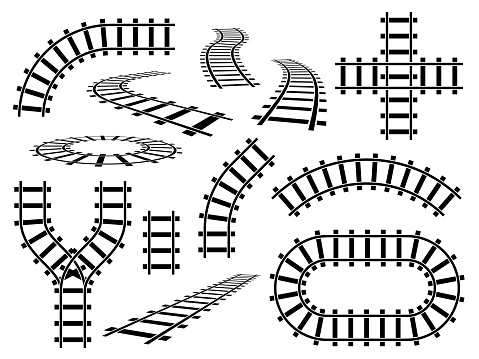 Railroad elements. Curved, straight and wavy rail tracks. Railway rails in perspective and top view, steel bars road construction vector set