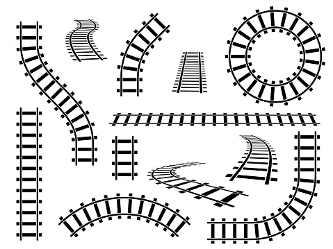 Railroad tracks. Straight, wavy and curved rails railway top view, ladder elements. Steel bars laid, construction isolated vector set