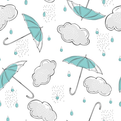 Rain and umbrellas. Seamless vector pattern