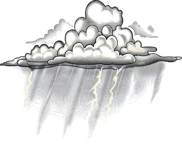 Rain Cloud Engraving Illustration Thunderstorm cloud with lightning. Engraving vector art with black line art and color on separate layers. rain drawings stock illustrations