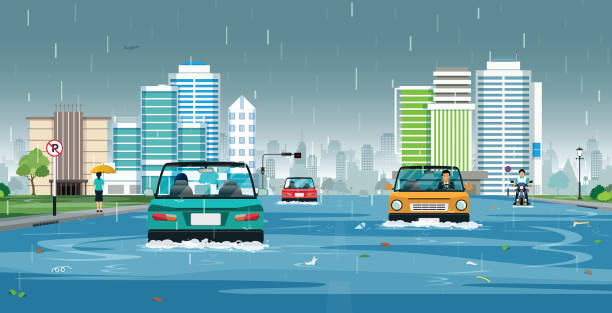 Rain flooded the city. Cars are running on flooded streets in the city. flood illustrations stock illustrations