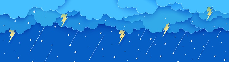 Rain thunder lightning and clouds in the paper cut style. Vector storm weather concept with falling water drops from the cloudy sky and flash. Storm papercut background horizontal banner.