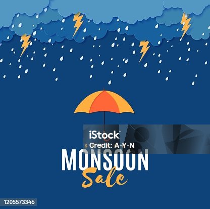 istock Rain thunder lightning umbrella and clouds in the paper cut style. Vector storm weather concept with falling water drops from the cloudy sky and flash. Monsoon sale storm horizontal banner. 1205573346