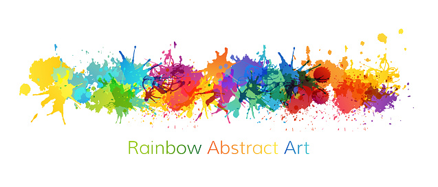 Colorful artistic banner with paint splashes design elements. Rainbow colored horizontal border.