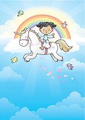Happy angel girl on her unicorn running in the clouds (wings on angel girl can be removed).