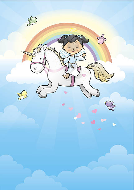 Rainbow angel girl riding unicorn vector art illustration
