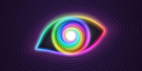 Rainbow eye, harmony spectrum of colors in the human pupil. Vector sacred illustration.