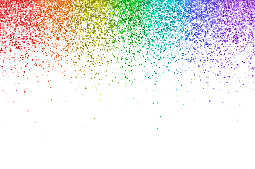 Rainbow falling glitter particles on white background. Vector