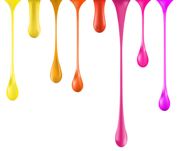 Rainbow glossy paint drop blobs isolated on white. vector. 3d Rainbow glossy paint drop blobs in row isolated on white. vector. 3d illustrator. Nail polish drops, bright vivid colors: ywllow, red, violet. Beauty concepts. lacquered stock illustrations