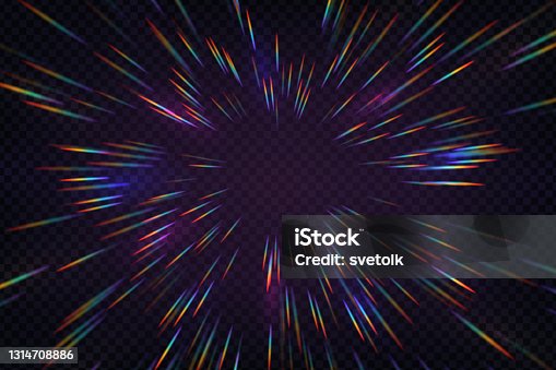 istock Rainbow halo rays isolated on dark transparent background. Holographic lens flare reflections. Vector realistic illustration of prism radial refraction sunbeams 1314708886