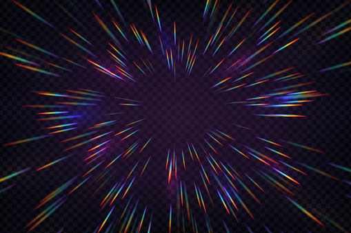 Rainbow halo rays isolated on dark transparent background. Holographic lens flare reflections. Vector realistic illustration of prism radial refraction sunbeams