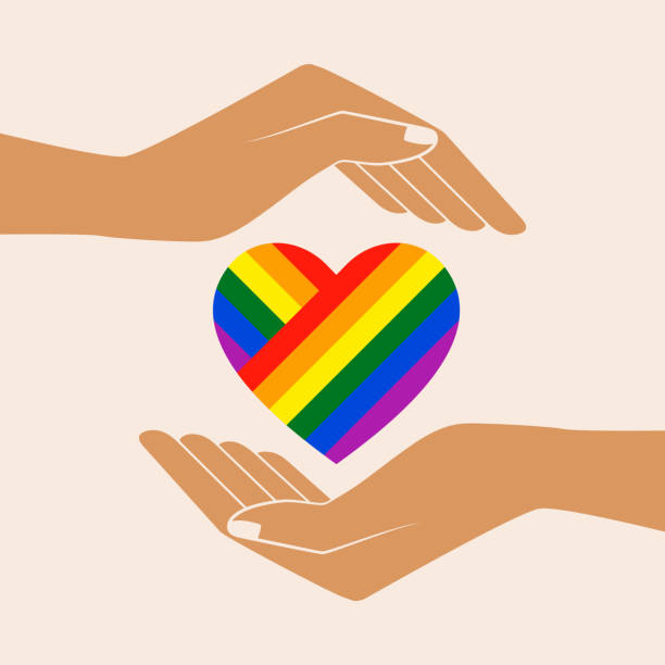 Rainbow painted heart in open palms Hands with heart rainbow. LGBT heart. Love is love - pride slogan. Lgbt support, fight for gay rights. Isolated vector illustration. lgbtq stock illustrations