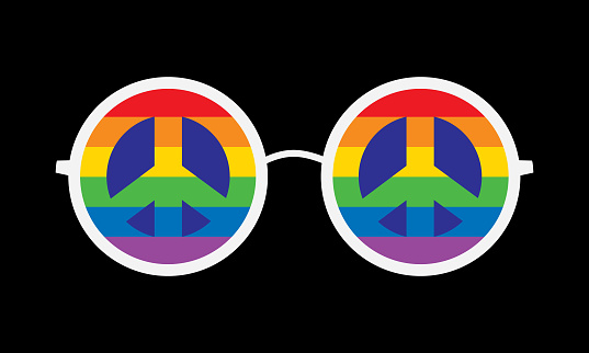 Vector illustration of rainbow striped pease signs on round eyeglasses on a black background.