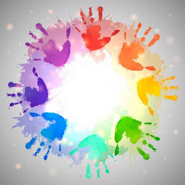 Rainbow prints of children hands and watercolor splashes in the circle. Vector frame for postcards and your design Rainbow prints of children hands and watercolor splashes in the circle. Vector frame for postcards and your design hand backgrounds stock illustrations