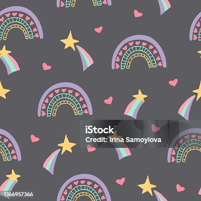 istock rainbow, star, heart seamless pattern hand drawn. vector. wallpaper, wrapping paper, textile, background. fairy tale, nursery, pastel, cute. 1366957366
