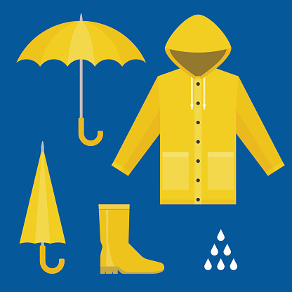 raincoat, rubber boots, open and close umbrella, raindrops, set of rainy season in flat design vector