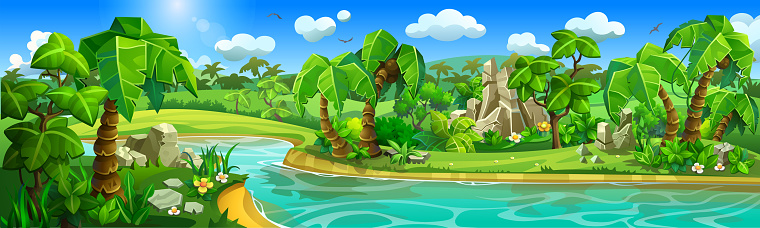 Rainforest landscape with a river running along sandy shores with thickets, tropical plants and palm trees.