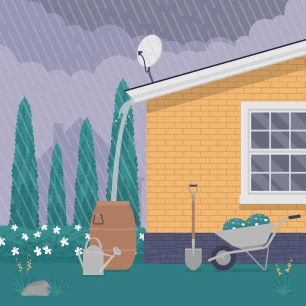 illustrations, cliparts, dessins animés et icônes de système de récolte de toit d’eau de pluie, recueillant le ruissellement de pluie dans le baril - pluie jardin