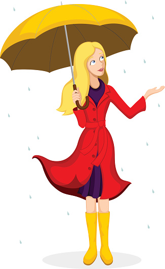 Vector illustration of a cartoon woman beneath an umbrella on a rainy day. Illustration uses no gradients, meshes or blends, only solid color.  Woman is on her own layer, easily separated from the raindrops and shadow in Illustrator or similar programs. Included are: AI8-compatible .eps format; .ai format; high-res .jpg with raindrops and shadow; high-res .jpg without raindrops and shadow; high-res .png with transparent background (without raindrops and shadow). vector