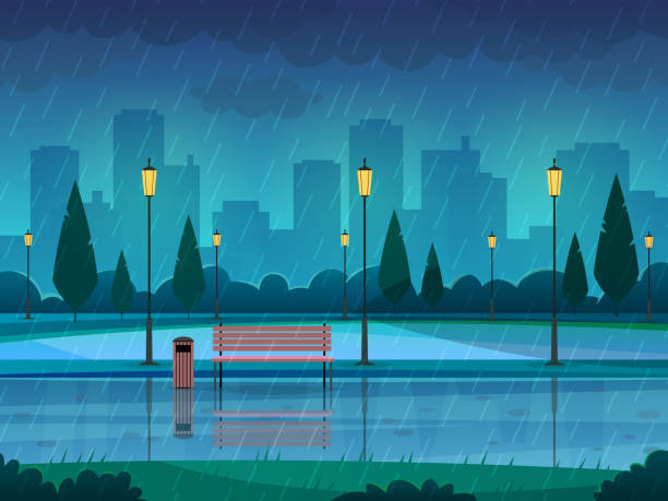 stockillustraties, clipart, cartoons en iconen met regenachtige dag park. regenen openbare park regen stad natuur seizoen pad bench street lamp landschap, platte vector achtergrond - regen