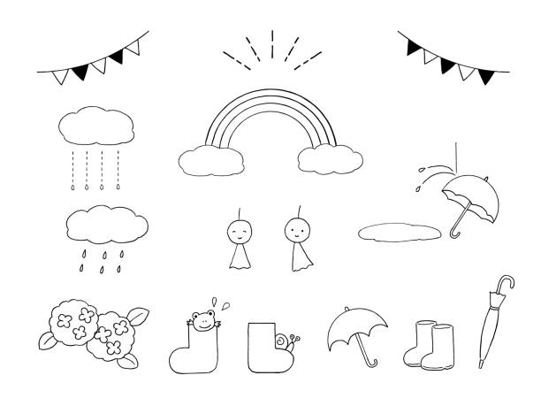 Rainy season line art icon set. Rainy season line art icon set. tree frog drawing stock illustrations